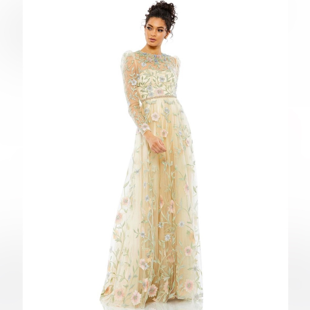 Mac Duggal Sheer Pale Yellow Floral Embroidered Long Sleeve Gown